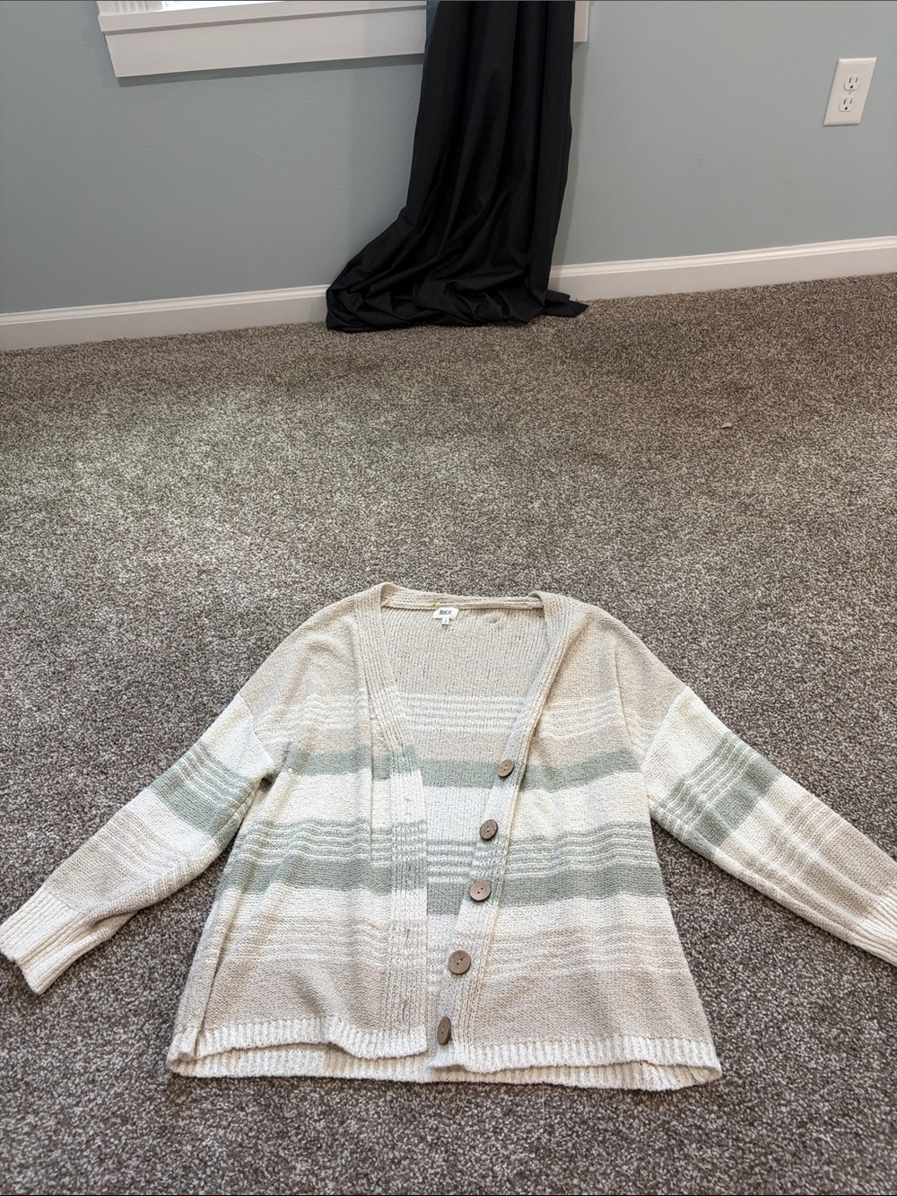 BKE Cream and Sage Striped Button-Up Cardigan